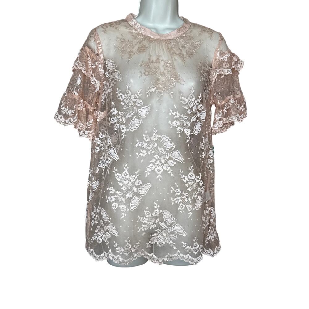 Tulip B by Unique Vintage Rose Pink Ruffle Sleeve Sheer Lace Blouse M NWT
